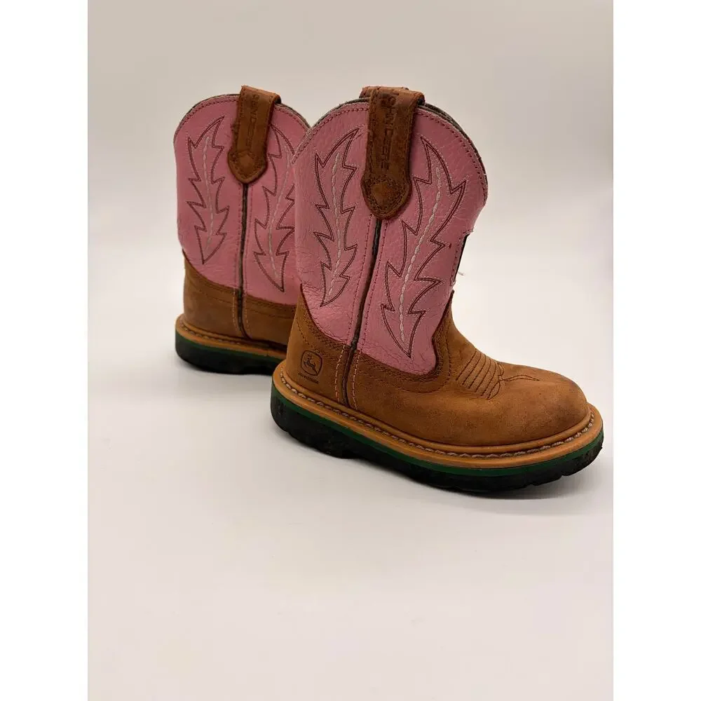 John Deere Johnny Popper Western Boots Boys Girls Cowboy Pink Pull On Size 8.5 C